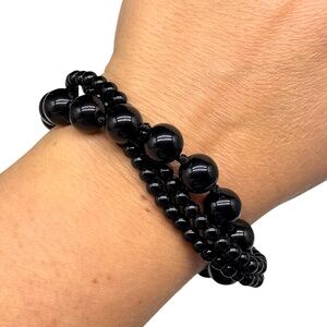 Black Onyx Beaded Bracelet Clear Rhinestone Magnetic Clasp Multi Strand